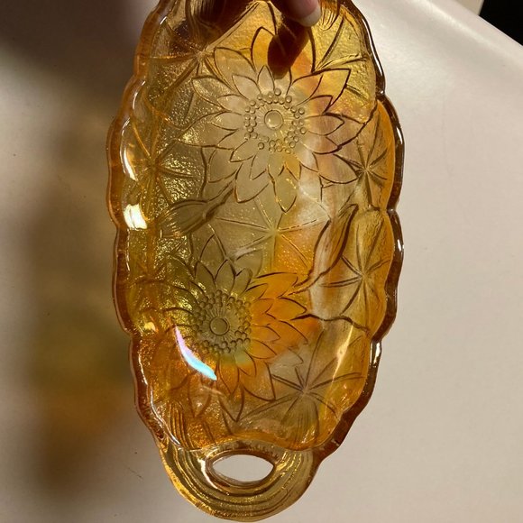 Vintage Carnival Glass Marigold/Sunflower Iridescent Oval Dish w/Handles - Picture 9 of 11